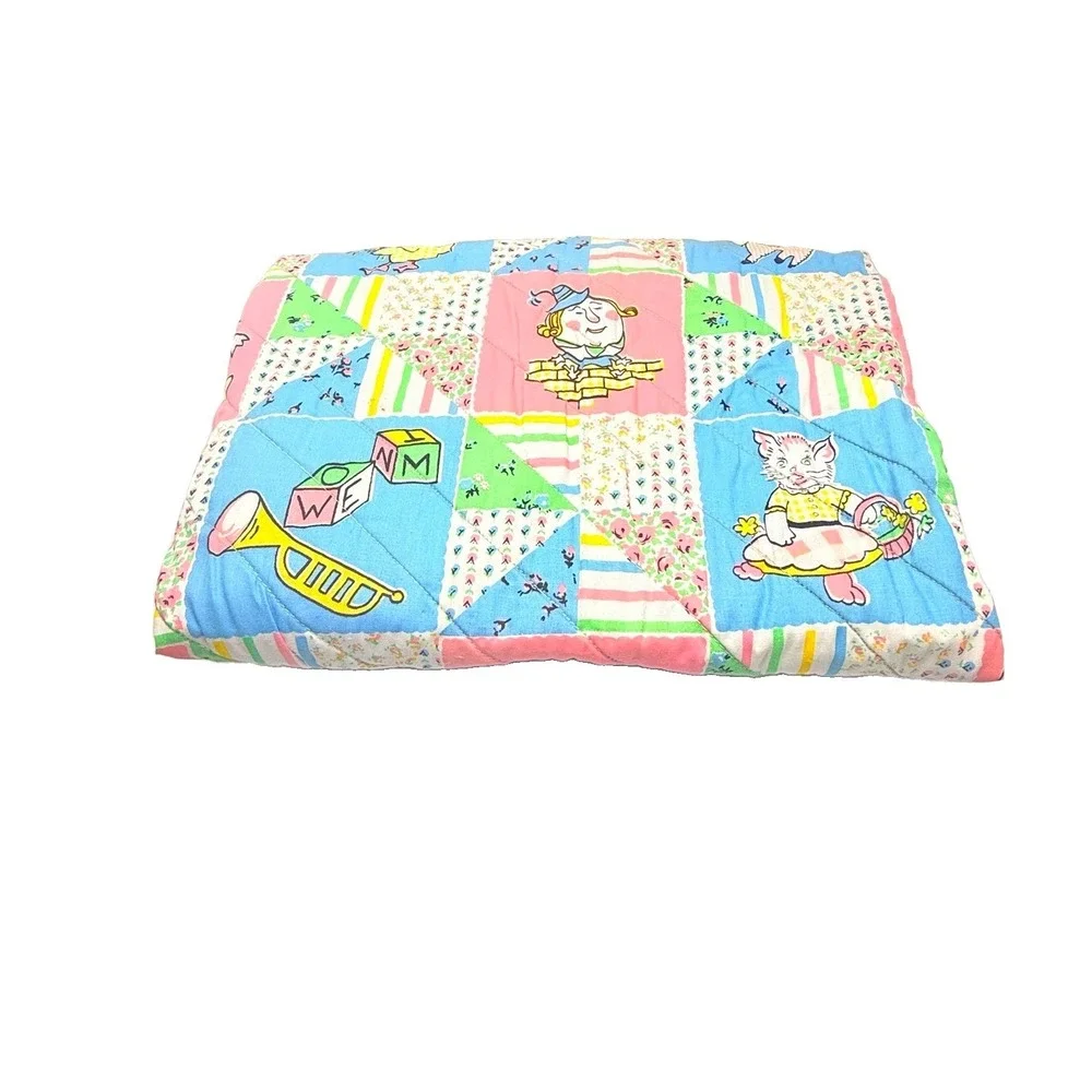 50's Vintage Handmade Nursery Rhyme Baby Quilt  Whimsical Throw 34x54